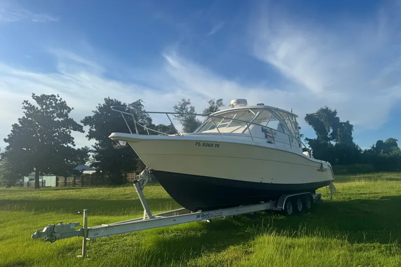 Slide: The Image of 2006 Pro-Line 35 Express boat on trailer in grassy field under blue sky. - 28