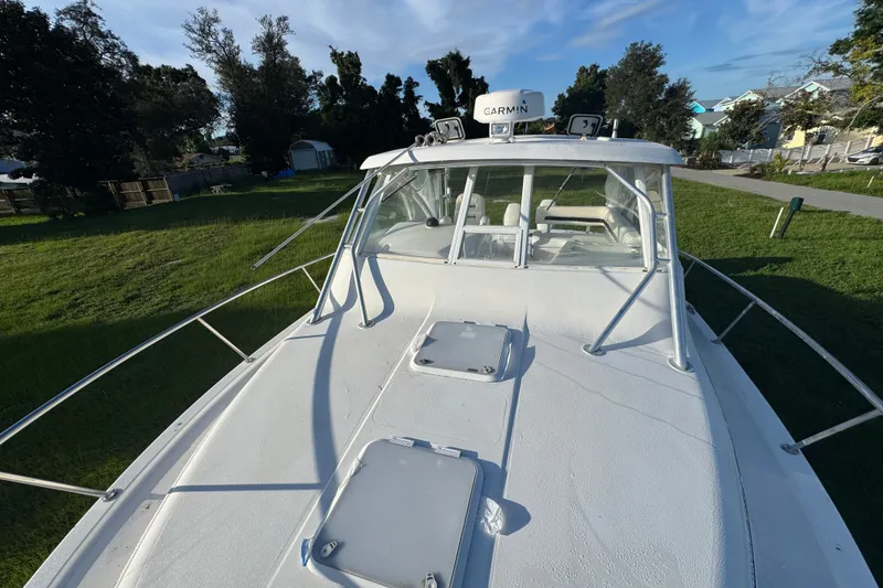 Slide: The Image of 2006 Pro-Line 35 Express boat on grassy area, featuring Garmin equipment. - 31