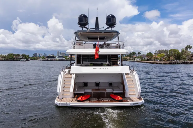 Slide: The Image of Luxury Sirena 88 yacht from 2021 on water, featuring spacious deck and modern design. - 39