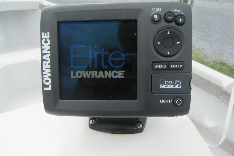 Slide: The Image of Lowrance Elite-5 CHIRP fishfinder on 2015 Allied 17 Sportsman boat dashboard. - 14