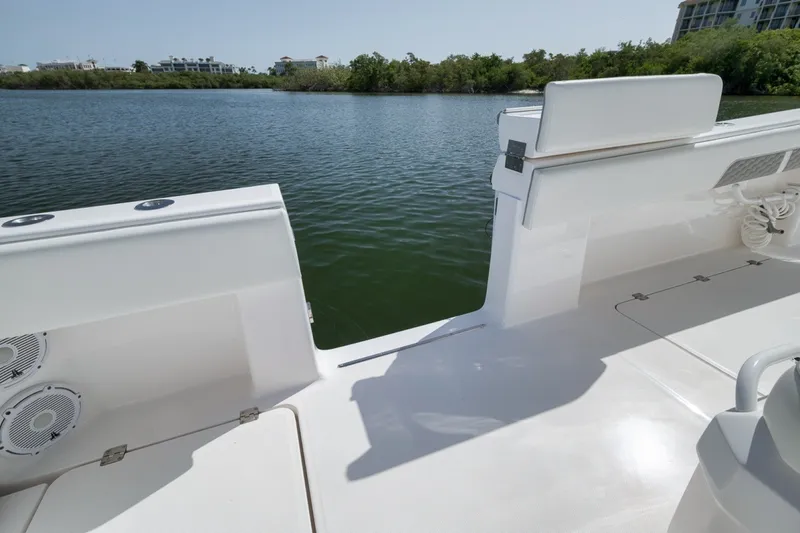 Slide: The Image of 2025 Invincible 35 Catamaran deck overlooking serene water and lush greenery. - 45
