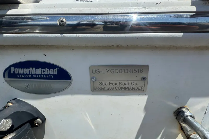 Slide: The Image of 2016 Sea Fox 206 Commander boat identification plate with Yamaha warranty badge. - 47