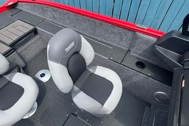 Slide: The Image of 2027 Tracker Pro Guide V-175 Combo boat interior with gray and black seating. - 23