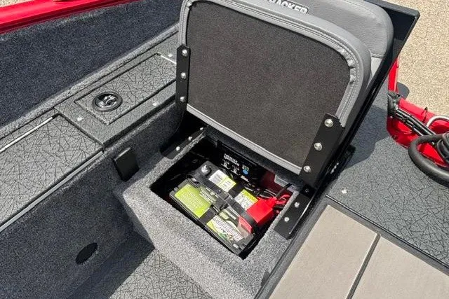 Slide: The Image of 2027 Tracker Pro Guide V-175 Combo boat seat with battery compartment open. - 30
