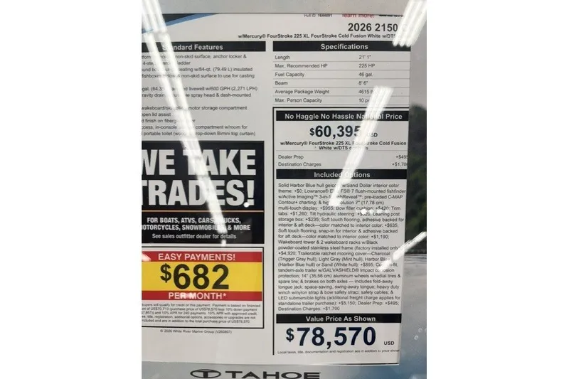 Slide: The Image of 2026 Tahoe 2150 CC boat pricing and specifications sheet with trade-in options and payment details. - 8