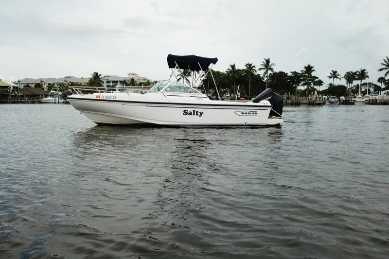 Slide: The Image of 1998 Boston Whaler 20 Ventura Bowrider named "Salty" on calm waters with palm trees. - 16
