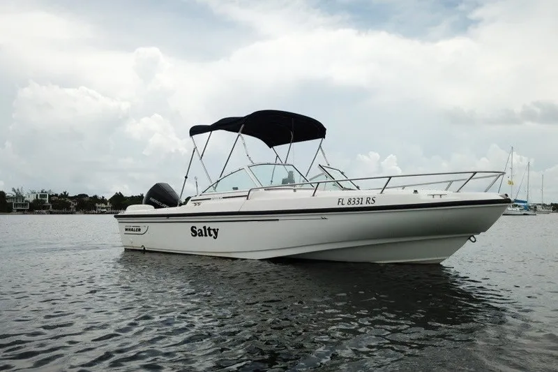 Slide: The Image of 1998 Boston Whaler 20 Ventura Bowrider named "Salty" on calm water under cloudy sky. - 7