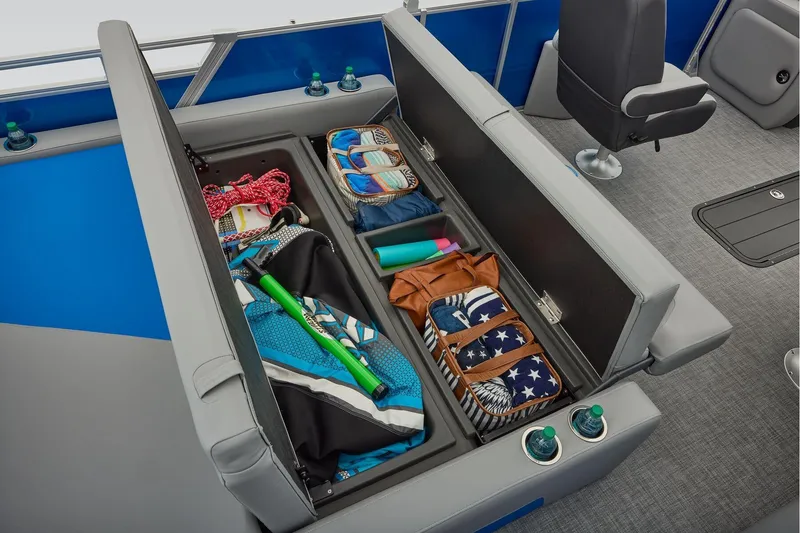Slide: The Image of Manufacturer Provided Image: 2026 Sun Tracker Party Barge 22 RF XP3 storage area with gear and accessories. - 35
