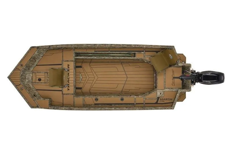 Slide: The Image of Top view of 2027 Tracker Grizzly 1756 T Marsh boat, showcasing spacious interior and motor. - 17