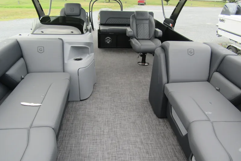 Slide: The Image of Interior of 2027 Godfrey Sweetwater 2286 SFLC pontoon boat with gray seating and carpet. - 5