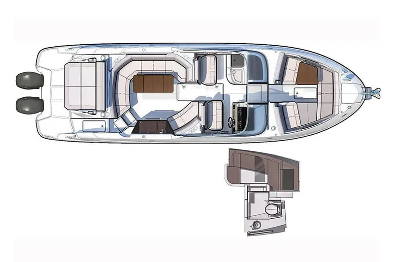 Slide: The Image of Manufacturer Provided Image: 2021 Sea Ray SLX 350 OB boat layout with twin outboard engines. - 22