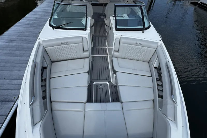 Slide: The Image of 2021 Sea Ray SLX 350 Outboard boat with luxurious seating and sleek design. - 18