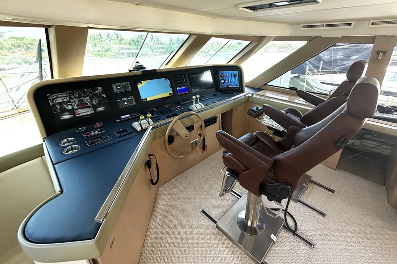 Slide: The Image of Luxurious 1996 Hatteras yacht helm with advanced navigation controls and plush seating. - 23