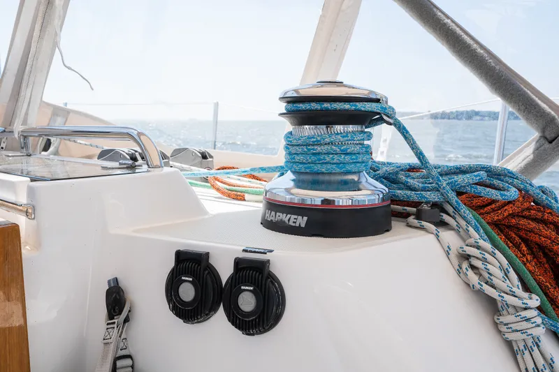 Slide: The Image of Sailboat deck with winch and colorful ropes, Sabre 456, 2013 model. - 55