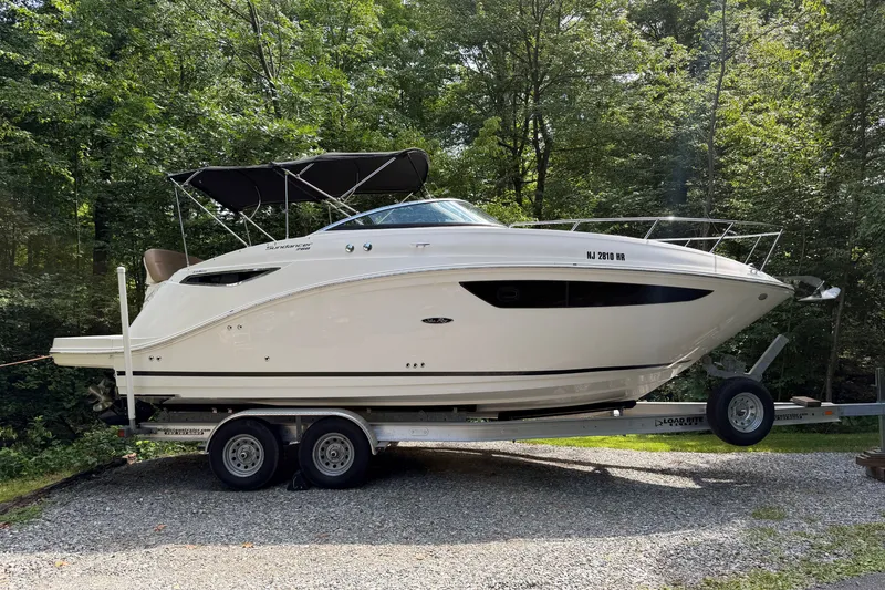 The Image of 2016 Sea Ray Sundancer 260 boat on trailer, surrounded by lush greenery. - 0