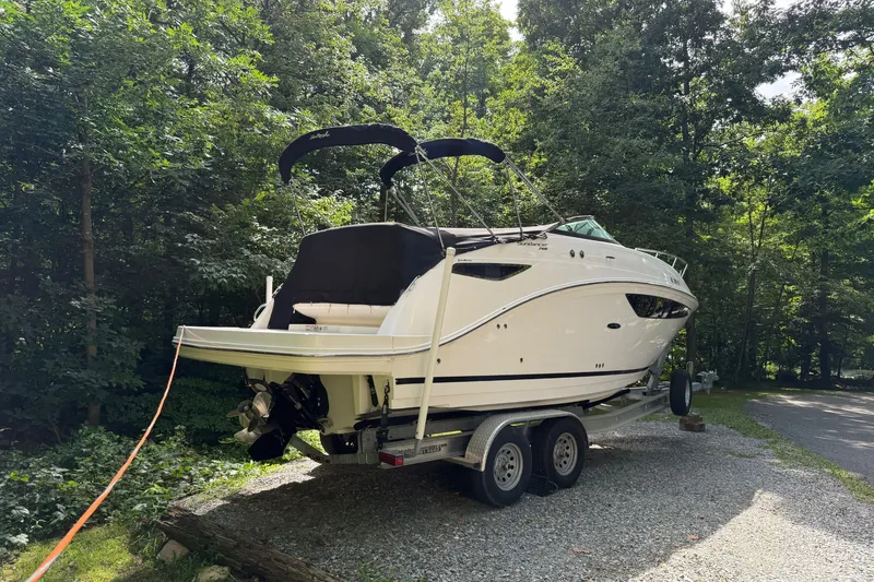 Slide: The Image of 2016 Sea Ray Sundancer 260 boat on trailer, surrounded by lush greenery. - 20