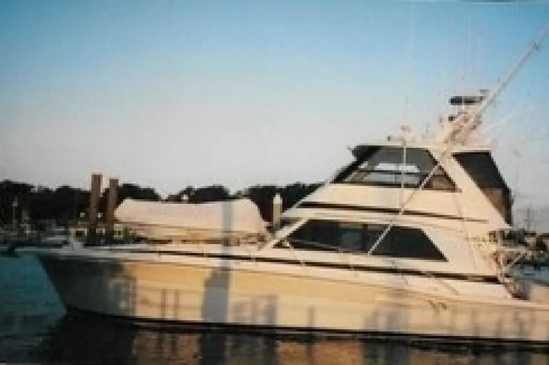 The Image of 2000 Riviera 48 Convertible yacht docked at sunset. - 1