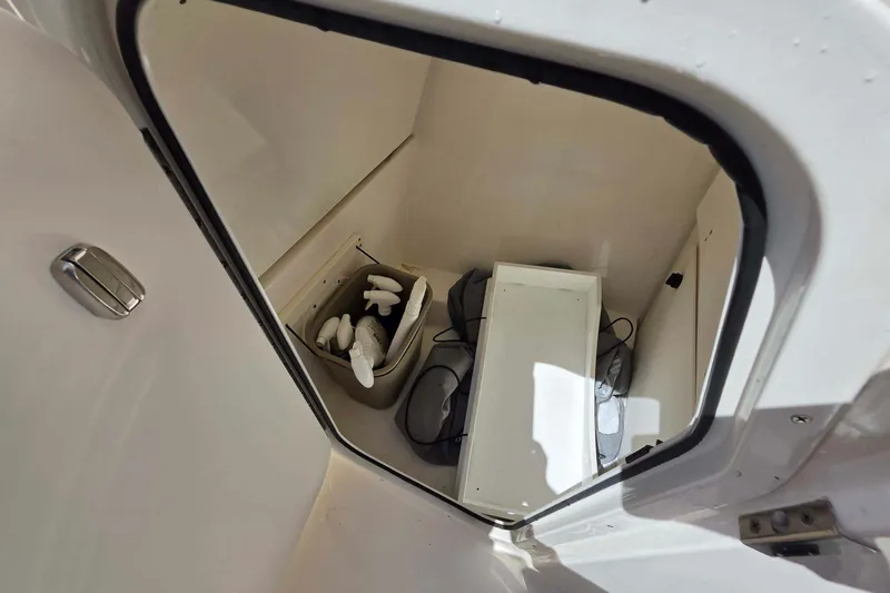 Slide: The Image of Storage compartment inside 2021 Pursuit DC 266 Dual Console boat, featuring cleaning supplies. - 19