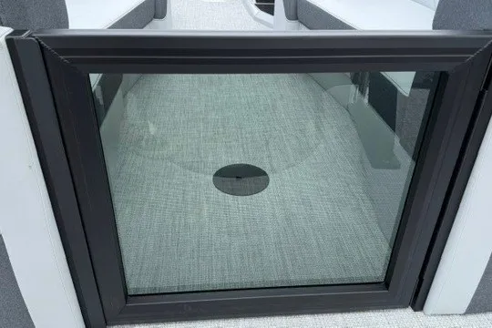Slide: The Image of Glass panel on Alera M25Q boat, 2027 model, with sleek black frame design. - 26
