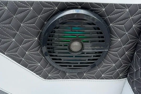 Slide: The Image of Speaker with geometric pattern upholstery in Alera M25Q, 2027 model. - 23