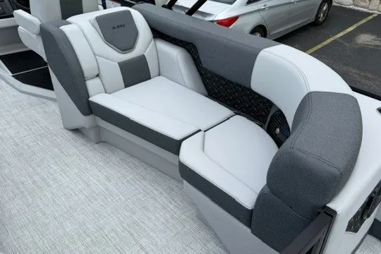 Slide: The Image of Luxurious seating on 2027 Alera M25Q boat, featuring modern gray and white upholstery. - 27
