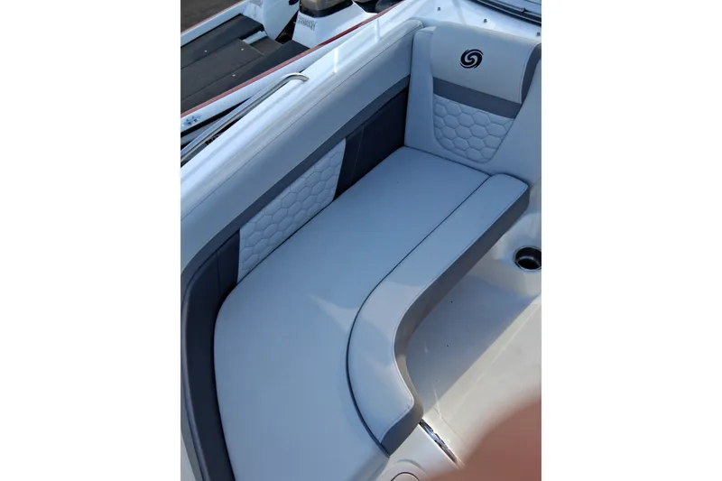 Slide: The Image of 2024 Hurricane SunDeck 191 OB boat seating with stylish gray upholstery and hexagonal pattern accents. - 21