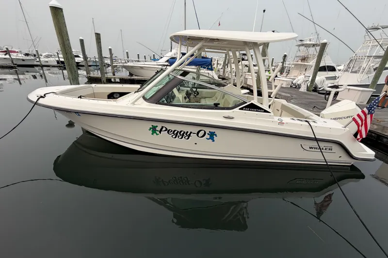 The Image of 2022 Boston Whaler 240 Vantage boat docked in marina, side view. - 0