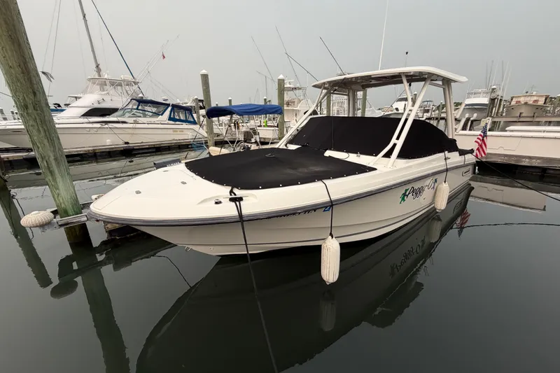 Slide: The Image of 2022 Boston Whaler 240 Vantage boat docked in a marina. - 57