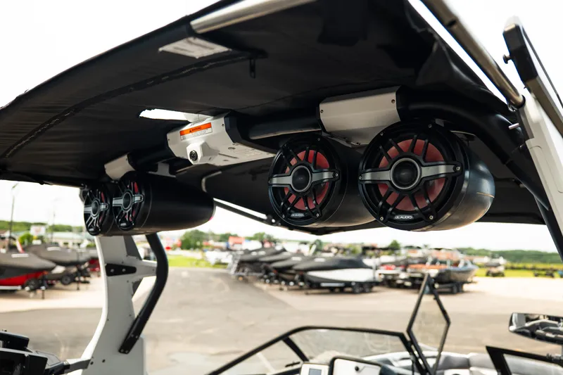 Slide: The Image of 2023 Supra SL 450 boat with premium JL Audio speakers on the wakeboard tower. - 43