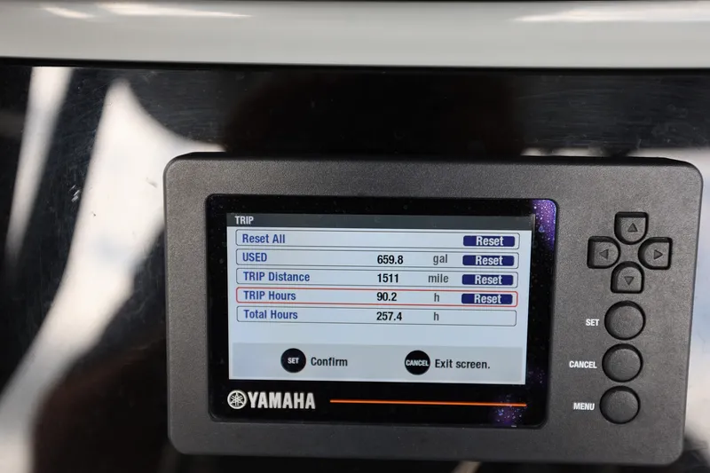 Slide: The Image of Yamaha display showing trip data on 2020 Sea Pro 239 Center Console boat. - 19