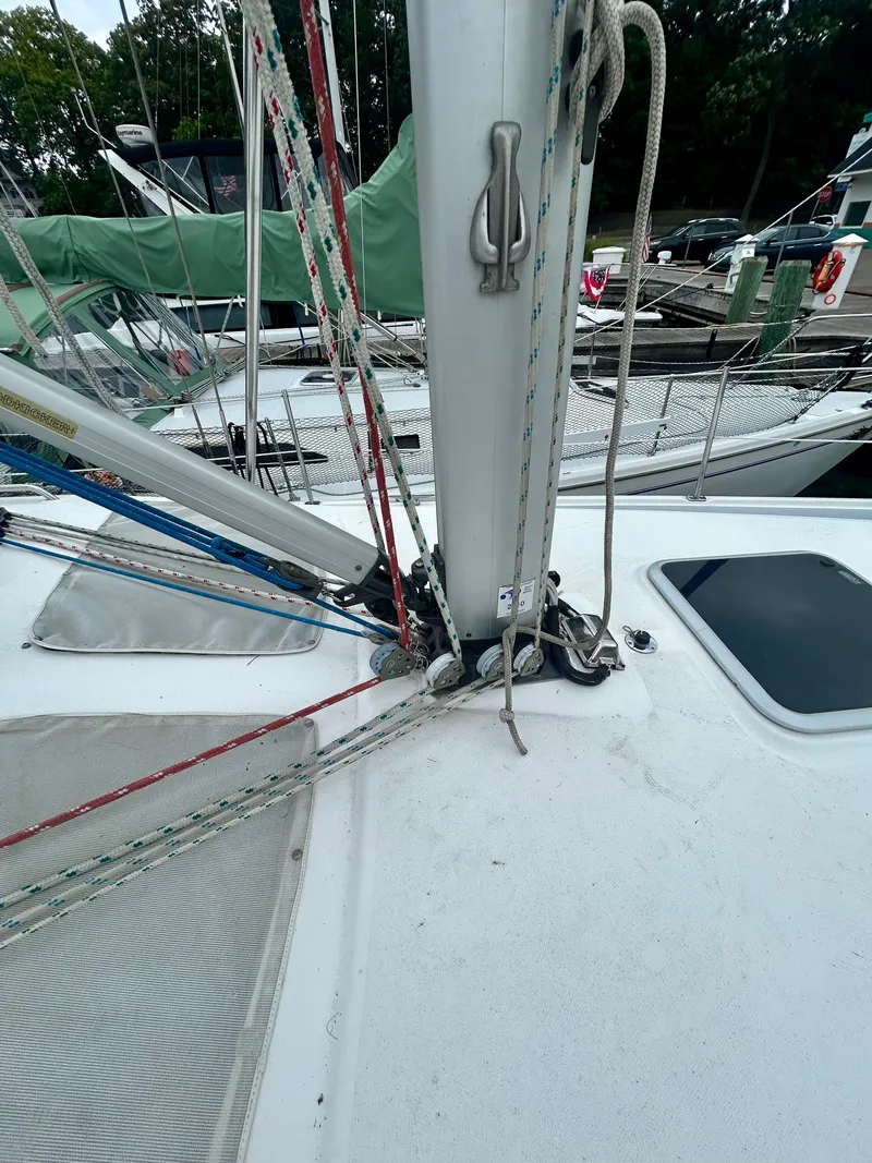 Slide: The Image of Deck of a Hunter 41 Aft Cockpit sailboat with rigging and ropes. - 29