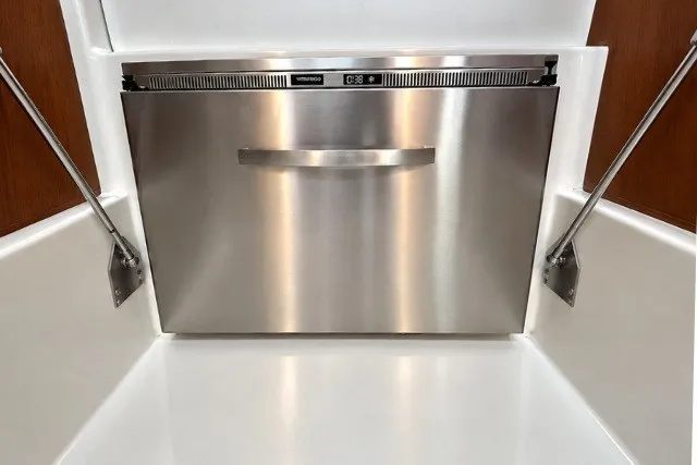 Slide: The Image of Stainless steel drawer refrigerator in 2021 Back Cove 41 yacht interior. - 25