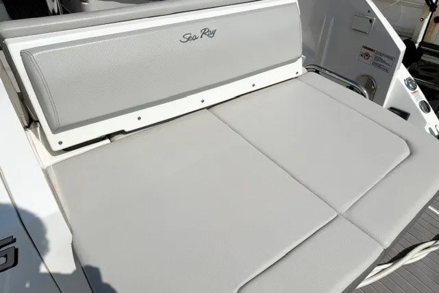 Slide: The Image of 2022 Sea Ray Sundancer 320 boat seating area with gray upholstery. - 8