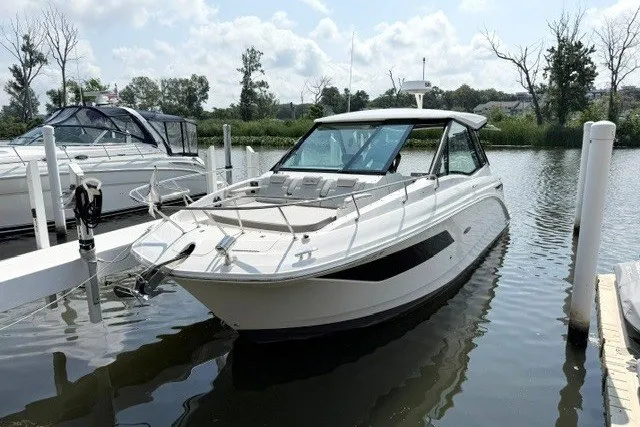 The Image of 2022 Sea Ray Sundancer 320 docked in a serene marina setting. - 0