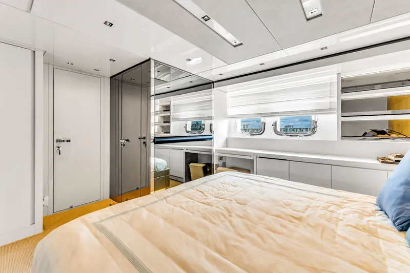 Slide: The Image of Luxurious 2018 Sanlorenzo SL78 yacht bedroom with modern design and large windows. - 16