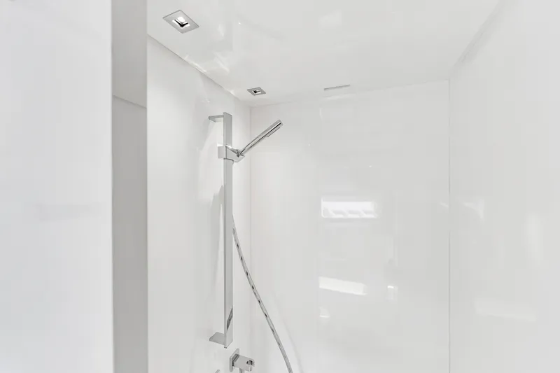 Slide: The Image of Modern shower area in 2018 Sanlorenzo SL78 yacht, featuring sleek chrome fixtures. - 33