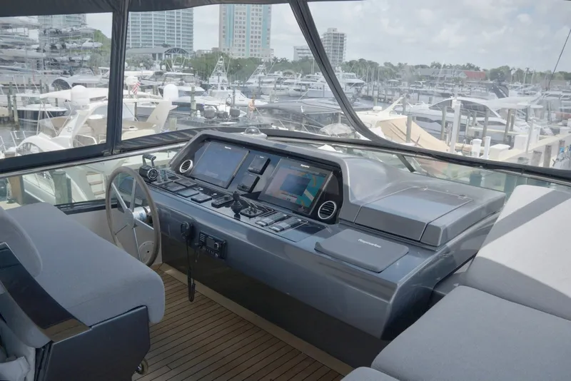 Slide: The Image of Helm of 2018 Sanlorenzo SL78 yacht with modern navigation equipment, docked at marina. - 43