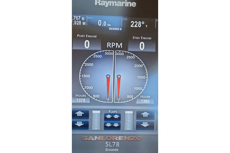 Slide: The Image of Sanlorenzo SL78 2018 engine display showing RPM and engine hours. - 34