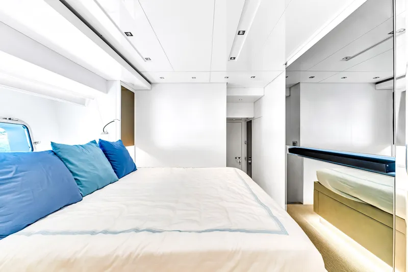 Slide: The Image of Luxurious bedroom interior of 2018 Sanlorenzo SL78 yacht with modern design and blue accents. - 20