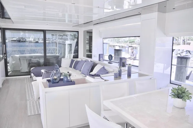 Slide: The Image of Luxurious interior of 2018 Sanlorenzo SL78 yacht with elegant seating and waterfront views. - 9