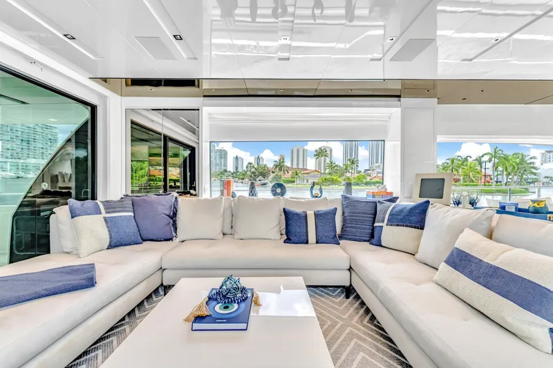 Slide: The Image of Luxurious interior of 2018 Sanlorenzo SL78 yacht with plush seating and scenic window views. - 4