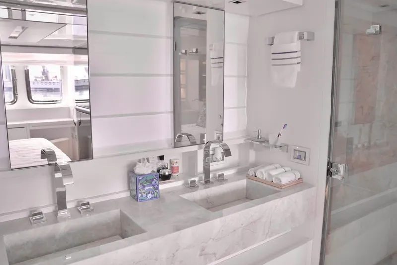 Slide: The Image of Luxurious bathroom in 2018 Sanlorenzo SL78 yacht with dual sinks and modern fixtures. - 19