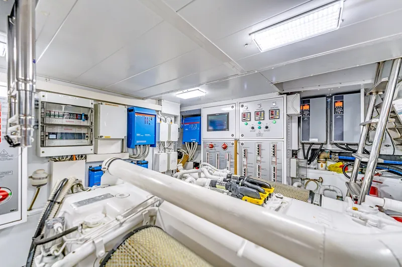 Slide: The Image of Engine room of 2018 Sanlorenzo SL78 yacht with control panels and machinery. - 39