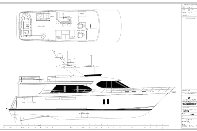 Slide: The Image of Blueprint of 2013 Ocean Alexander 65 Pilothouse yacht, showcasing detailed design layout. - 57