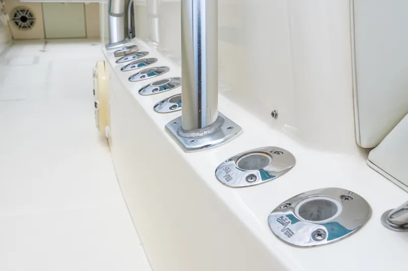 Slide: The Image of 2020 SeaVee 340Z boat rod holders and deck detail, showcasing sleek design and functionality. - 36