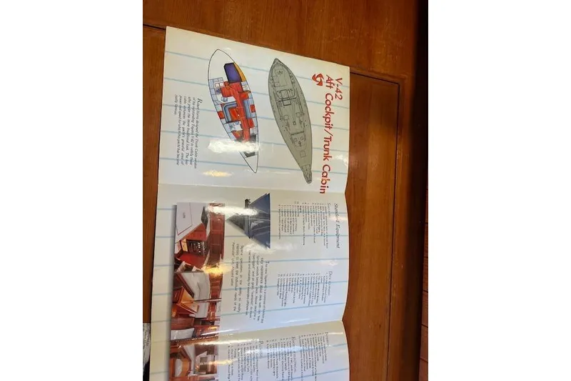 Slide: The Image of Brochure of 1987 Tayana Vancouver 42 sailboat with interior layout and specifications. - 32