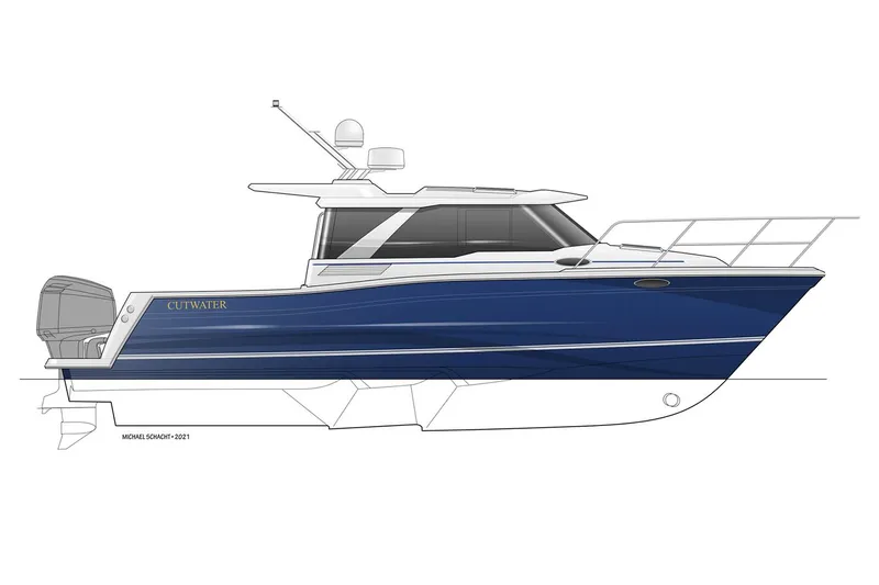 Slide: The Image of Manufacturer Provided Image: 2025 Cutwater C-288 Coupe boat, sleek blue design, side profile illustration. - 21