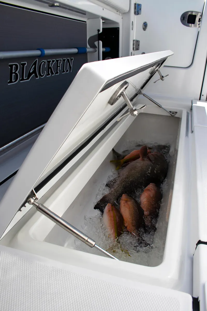 Slide: The Image of 2026 Blackfin 302 CC boat with fish storage compartment filled with fresh catch on ice. - 19