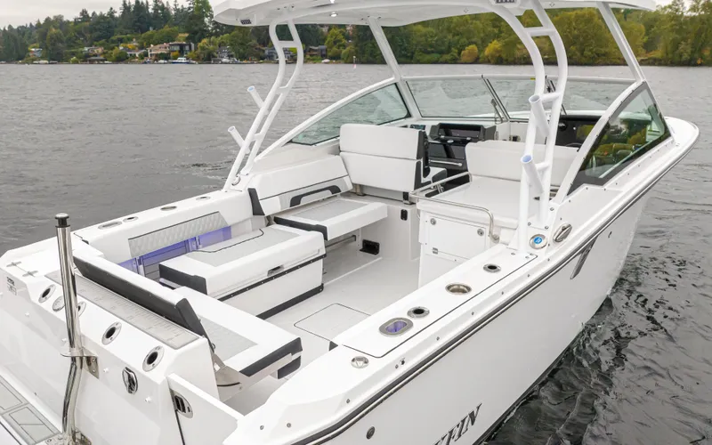 Slide: The Image of 2024 Blackfin 272 DC boat with spacious seating on a serene lake. - 6