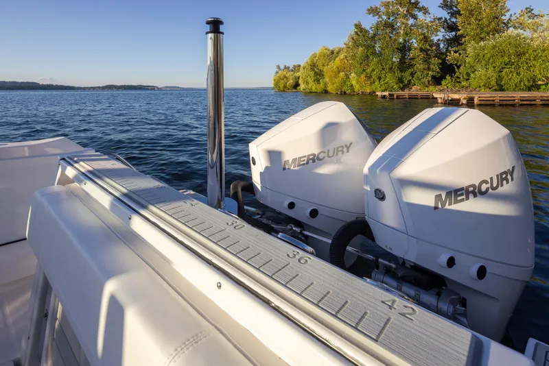 Slide: The Image of The image shows the stern of a Blackfin 252 DC boat with twin Mercury engines on a calm lake. - 33